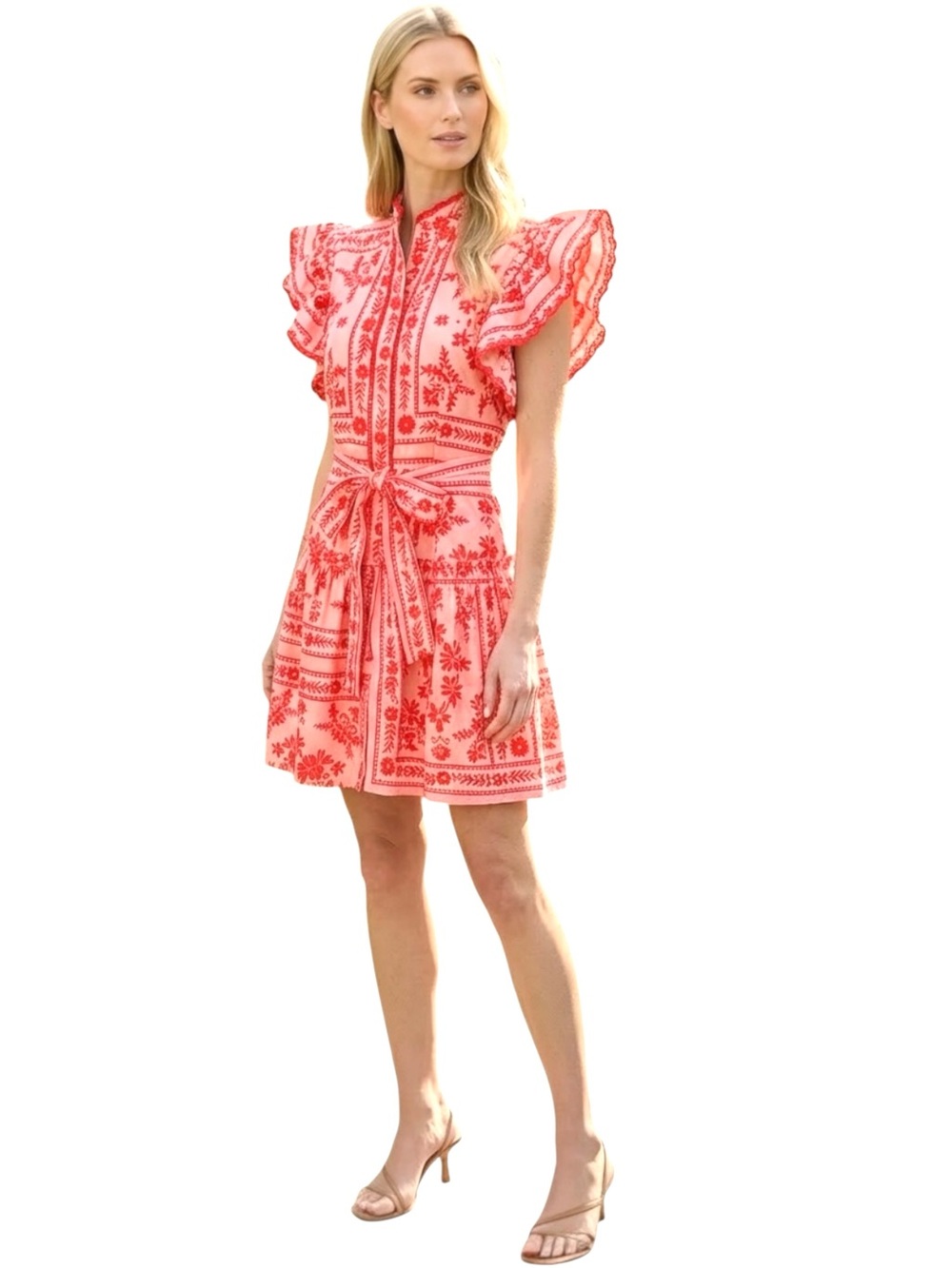 Pink and red floral Print Tie-Waist Cotton Mini Dress Sz M Adorable!!